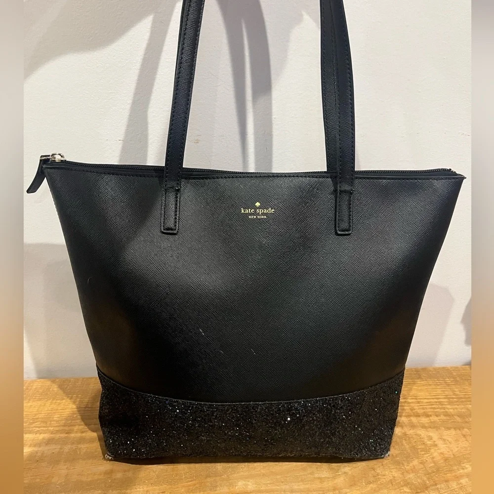 Kate‎ spade ♠️ black leather glitter trim tote bag GUC